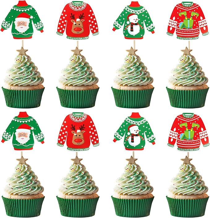 Ugly Sweater Cupcake Toppers, 40 PCS Christmas Ugly Sweater Cupcake Toppers Party Decorations, Christmas Holiday Cake Decoration Food Picks Topper for Xmas Birthday Holiday Party Decorations Supplies