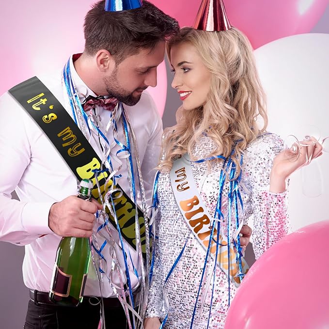 2 Pcs It's My Birthday Sash with Gold Foil - Happy Birthday Sash for Women Girls Men Boys, Birthday Girl Sash, Cheers to Bday Decorations Supplies(Black & White, Rose Gold)