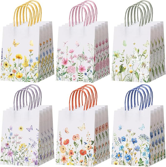 Gaillty 24 Pcs Wildflower Paper Gift Bags 6 Styles, Floral Goodie Bags with Handles Flower Wedding Welcome Bag for Wedding Bridal Shower Engagement Baby Shower Birthday Spring Tea Party Supplies