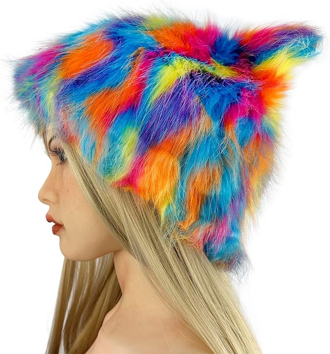 PURFUN Colorful Faux Fur Earflap Hats with Cat Ear, Adults Cosplay Halloween Animal Theme Wolf Cat Hooded Hat Costume Caps
