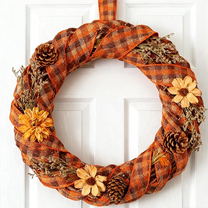 Meseey 2.5 Inch Fall Plaid Wired Ribbon Set, 6 Rolls Total 30 Yards Buffalo Check & Plaid Wired Edge Ribbon for Big Bows, Wreaths, Gift Wrapping, Thanksgiving & Halloween Decor(FPRS002)