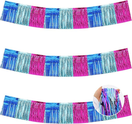 BEISHIDA 3 Packs Metallic Foil Fringe Garland Mix Blue Pink Wall Hanging Tinsel Fringe Banners for Car Floats Birthday Baby Bridal Shower Wedding Graduation Holiday Party Decoration(30 Feet)