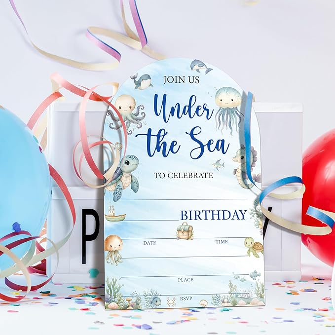 Under The Sea Birthday Party Invitations, Ocean Animals Birthday Invitations for Boys Girls, 20 Fill-In Invitation Cards with Envelopes, Under the Sea Party Decorations (arch)