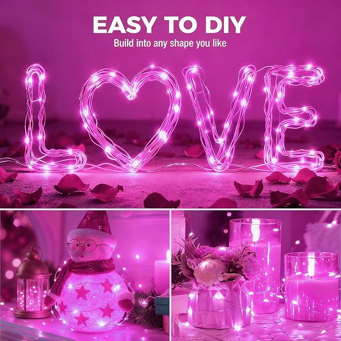 litogo 20 Pack 7FT 20 LED Fairy Lights Battery Operated, 3 Lighting Modes, Bulk Mini Twinkle String Lights Waterproof Silver Wire for Weddings Mason Jars Party Christmas Decorations-Pink