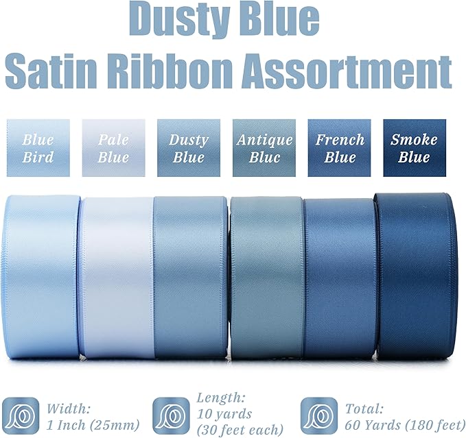MAYREEL 1 Inch Dusty Blue Satin Ribbon Slate Blue for Gift Wrapping Wedding Bridal Shower Crafts 6 Rolls 10 Yards Each Color Total 60 Yards