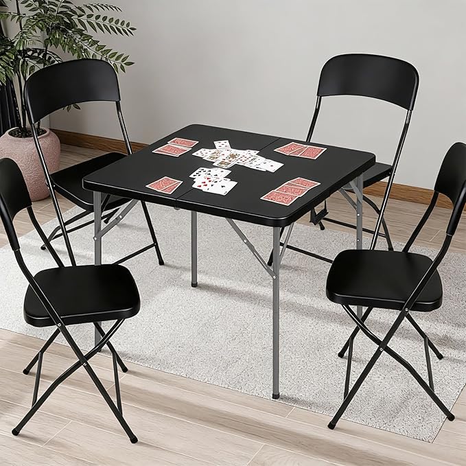 34 Inch Square Folding Card Table - Heavy Duty HDPE Plastic, Fold-in-Half Design with Carry Handle. Indoor Outdoor Portable Utility Table for Picnic, Camping, Party, Dining & Tailgating (Black) ﻿