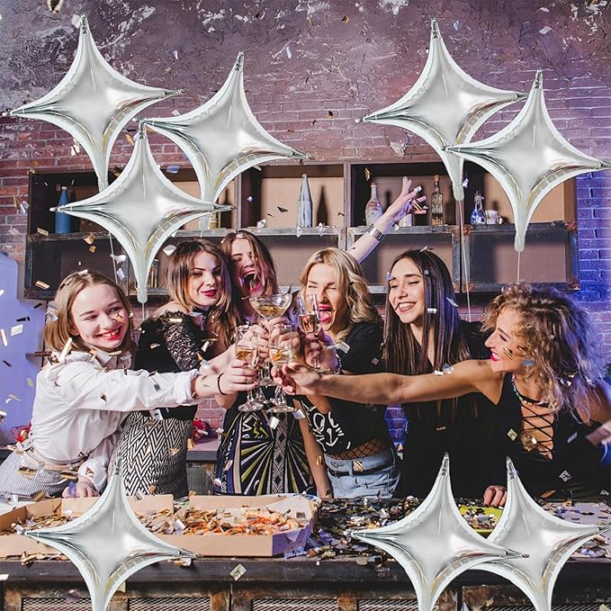 TONIFUL 20Pcs 26Inch Large Silver Four Pointed Star Shape Foil Balloons Big Silver Star Mylar Balloons for Birthday Wedding Baby Shower Anniversary Engagement Party Decorations Supplies