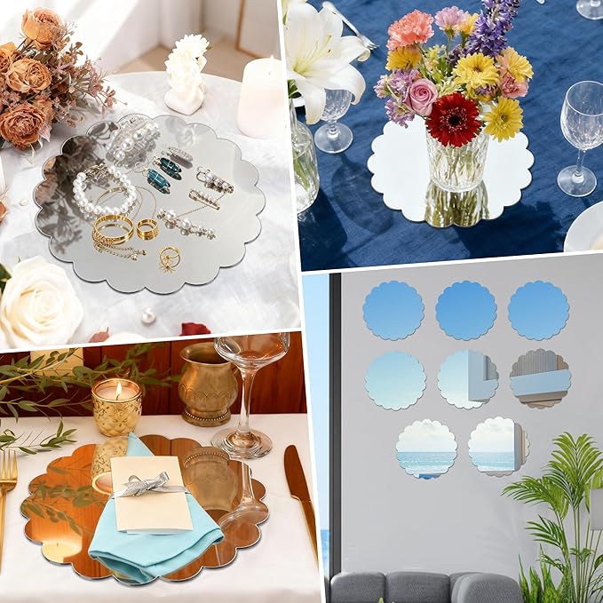 Starry 6 Pack 10 Inch Round Mirror Centerpieces for Tables Shatterproof Acrylic Scalloped Round Boards with Smooth Edge,Decorative Mirror Trays for Wedding,Party,Candle,Table Decorations,1mm Thick