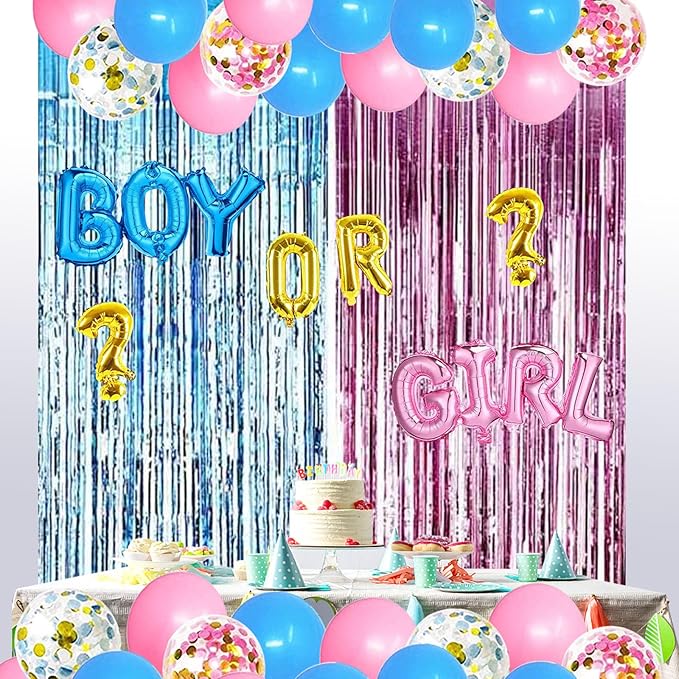 Gender Reveal Party Supplies Kit, Pink and Blue Balloons, Boy or Girl Foil Balloons, Tinsel Curtain, Gender Reveal Party Baby Photo Backdrop for Baby Shower Decorations