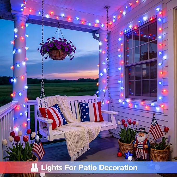 JMEXSUSS Red White and Blue Lights Plug in, 100 LED 33 FT Globe Star String Lights Indoor, USB 4th of July String Lights for Independence Day Patriotic Decoration