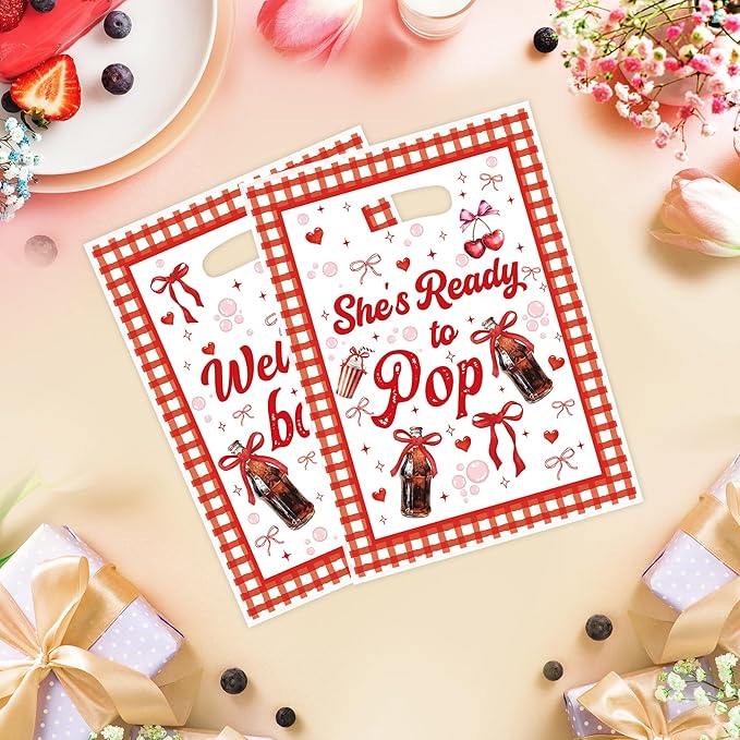 MOIZYNG She's Ready to Pop Baby Shower Decorations, 50Pcs Soda Pop Drink Themed Plastic Candy Treat Goodie Gift Bags with Handles for Girls Baby Shower Party Supplies