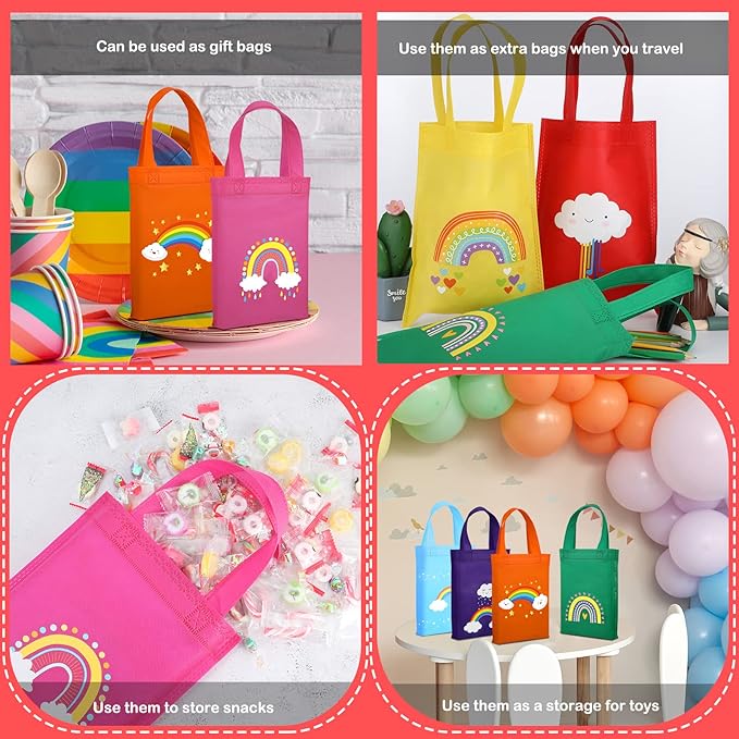 Ferraycle 24 Pcs Rainbow Party Reusable Non Woven Gift Bags Rainbow Goody Treat Bags Mini Tote Bag with Handles Birthday Supplies for Kids Party Favors, 9.8 x 7.8 Inch