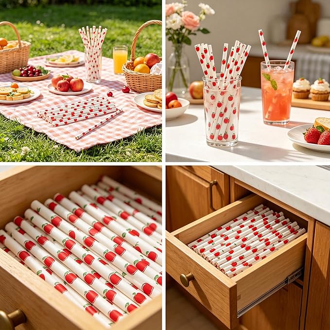 100 Pcs Disposable Straws, Biodegradable Paper Straws for Juices, Shakes, Smoothies, Party Supplies (ApplePattern)