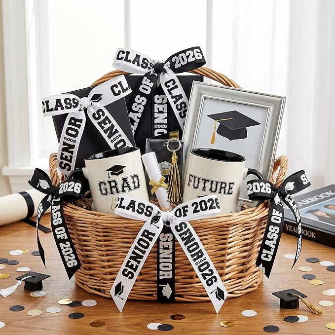 Class of 2026 Senior Grosgrain Ribbons, 5/8" x 5 Yards Black/White for Graduation Crafts and Gift Wrapping, 4-Pack