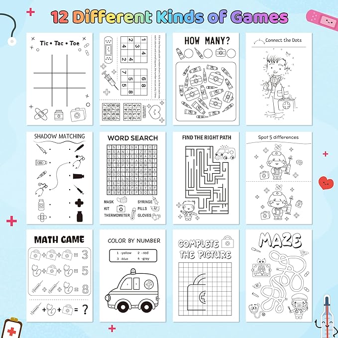 Bulk Medical Activity Books for Kids - 24Pcs Doctor Nurse Theme Mini Games Coloring Book Set Medical Coloring Booklet Include Mazes Word Search Word Scramble Games for Classroom DIY Art Party Favors