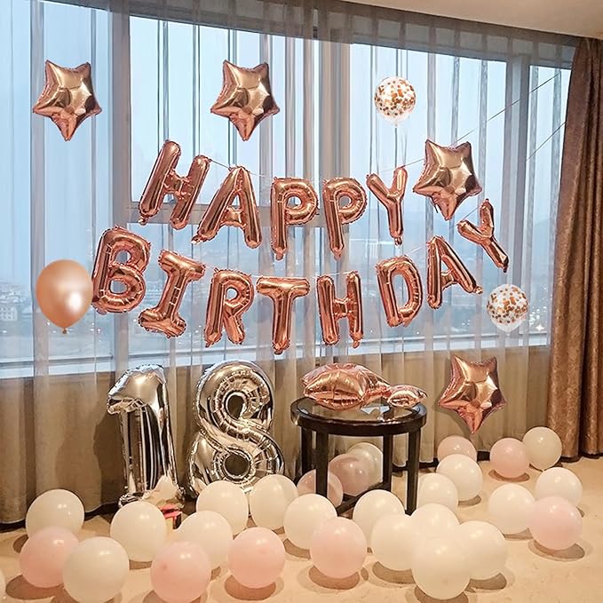 CANREVEL Happy Birthday Balloons Banner 16 Inch Mylar Foil Letters with Star & Heart Balloons Birthday Party Decorations for Men and Women - 30 Pcs Rose Gold