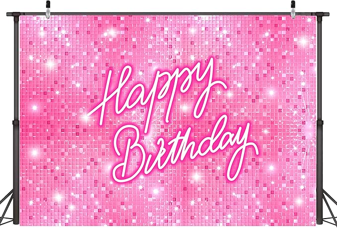 Pink Happy Birthday Backdrop 10x6 FT Polyester Girls Women Photography Background Flash Square Glitter Shimmer Wall Backdrop Photo Booth Props Decoration Party Banner