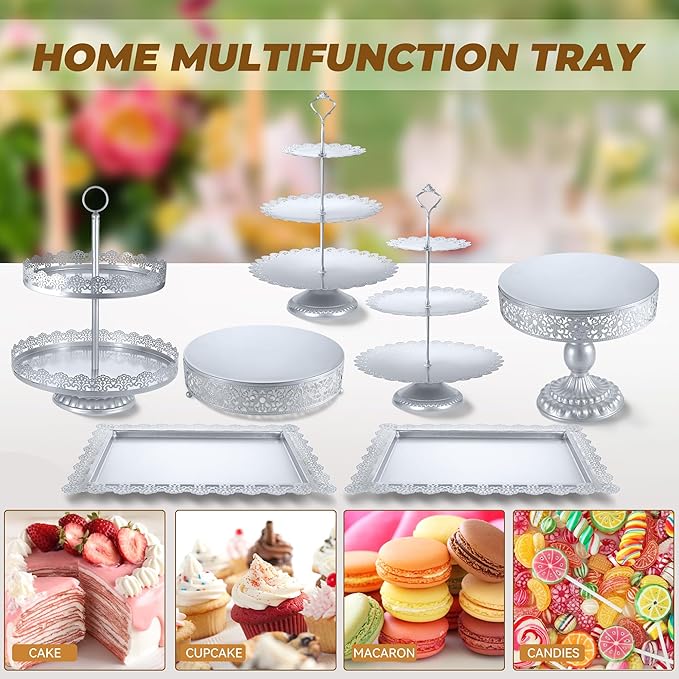 Silver Cake Stand Sets, Metal Dessert Table Display Tiered Cupcake Holder Food Fruit Donut Plate Serving Tower Tray Platter With Tong, Cake Knife and Server Set For Wedding Birthday Party Decor 11PCS