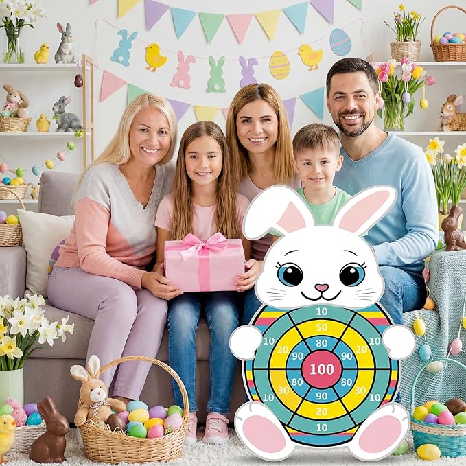 Easter Games 32" Large Bunny Dart Board - Easter Basket Stuffers Bunny Design with 12 Sticky Balls & 8 Darts, Indoor Outdoor Yard Holiday Party Games for Family, Non-Candy Gifts & Egg Fillers
