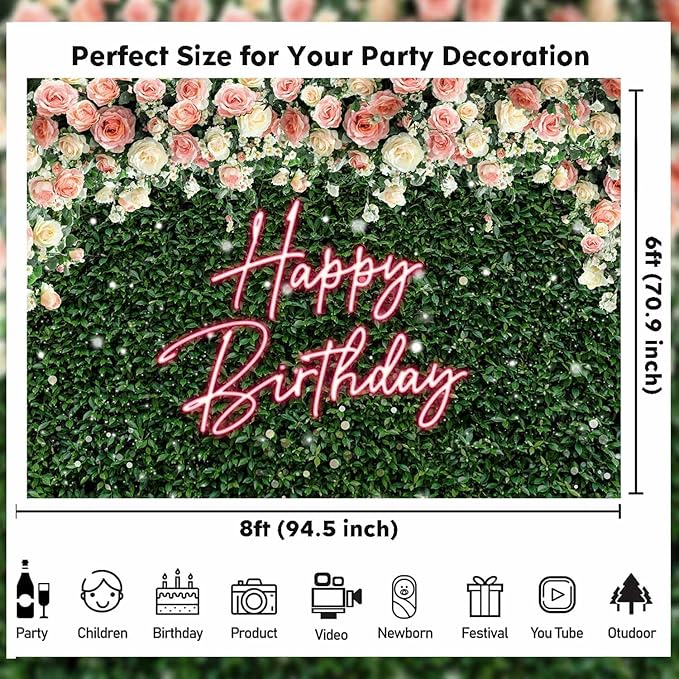 Sensfun Green Leaves Happy Birthday Backdrop for Women Greenery Grass Pink Neon Flower Wall Birthday Party Decorations Girls Rose Floral Blossom Bday Photography Background Photo Studio Shoot 8x6ft