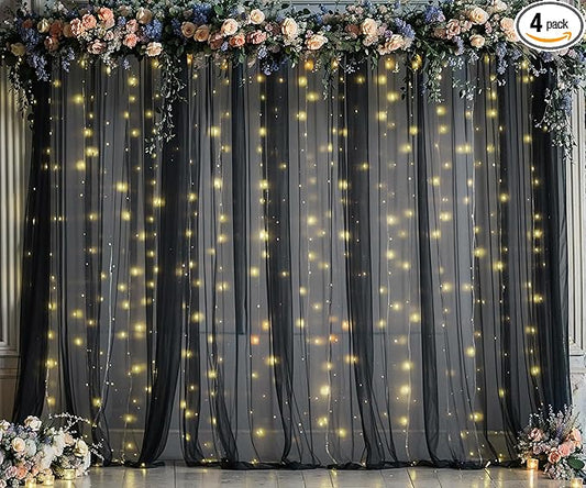 Black Tulle Backdrop Curtain with Lights String for Parites 20ft×8ft Black Sheer Backdrop Curtains for Baby Shower Wedding Bridal Shower Birthday Party Photo Shoot Decorations(4 Panels 5×8ft)