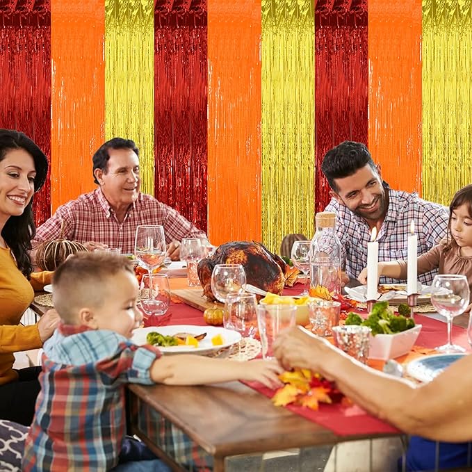 BEISHIDA 3Pcs Red Orange Gold Door Streamer Thanksgiving Day Backdrop Foil Fringe Tinsel Curtains Backdrops for Birthday Thanksgiving Fall Autumn Harvest Party New Year Decoration (3.28 ft x 6.56 ft)