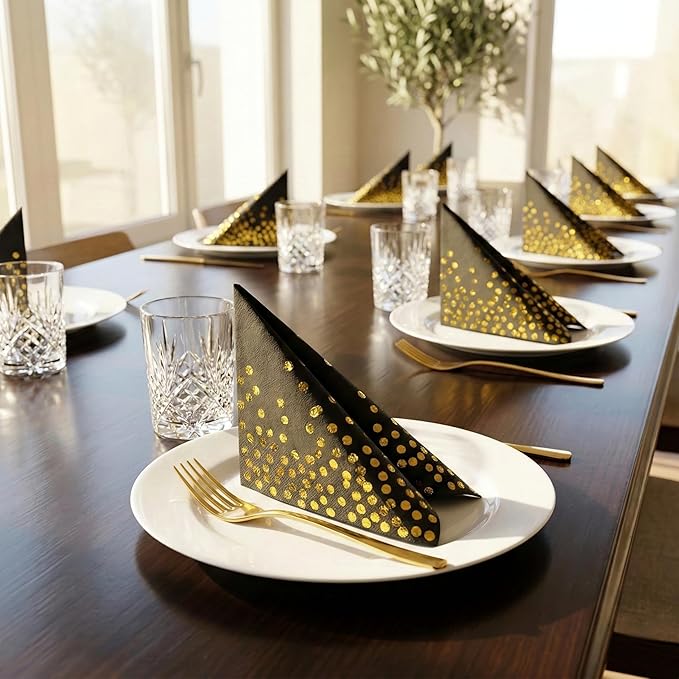 80Pcs Black and Gold Paper Napkins Disposable, Cocktail Napkins for Party Supplies, Gold Polka Dot Dinner Beverage Napkins Bulk, Men Women Birthday Anniversary Decorations