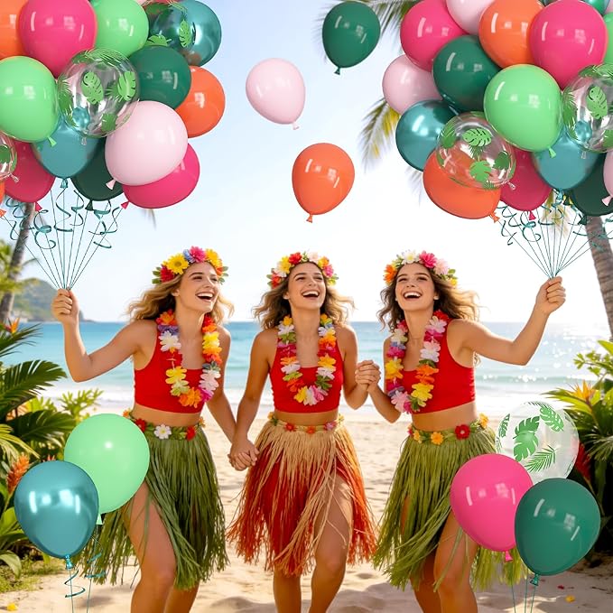 Ouddy Life 71pcs Tropical Hawaiian Balloons Set, 12 inch Luau Party Decorations Hot Pink Dark Green Palm Leaves Balloons for Tropical moana Aloha Summer Beach Birthday Baby Shower Party Decorations