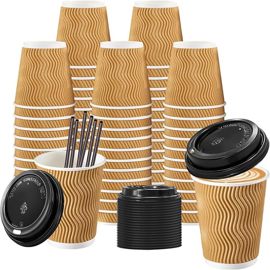 Lamosi 8 oz Disposable Coffee Cups with Lids, 50 Pack Insulated Hot Cups To Go Paper Coffee Cups with Lids and Straws, Corrugated Ripple Wall Cup for Hot Drink, Office, Coffee Bar (Champagne)