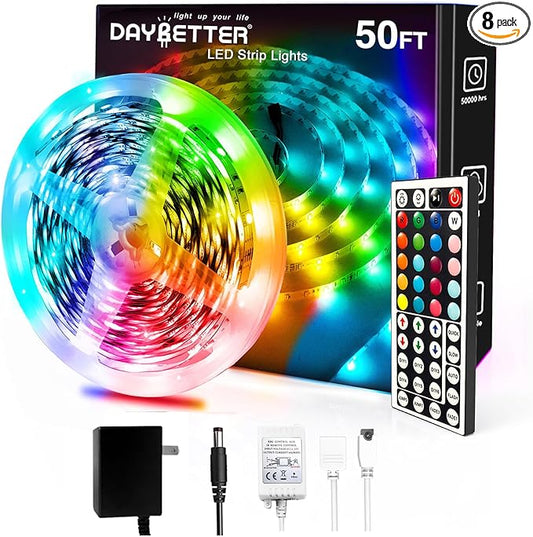 DAYBETTER Led Strip Lights 50ft, Color Changing Led Light Strip with Remote Control, 5050 RGB Strip Lighting Suitable for Home Decor, Living Room, Kitchen, Home Party Decoration