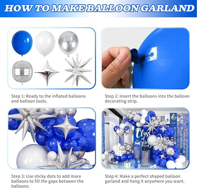 HILAVO Blue White Silver Balloon Arch Kit with Explosion Star 4D Silver Foil Balloons Royal Blue Metallic Silver White Balloon Garland for Blue 2026 Graduation Decoration Birthday Baby Shower Party