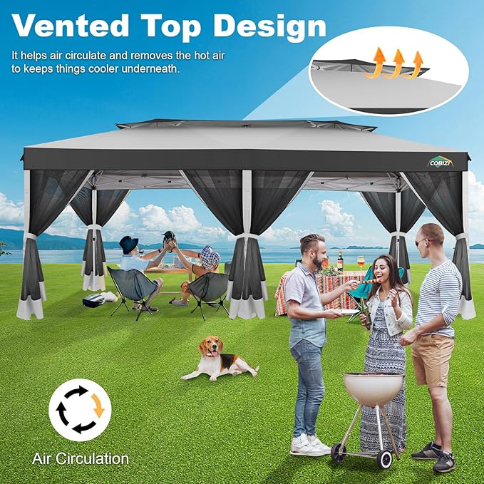COBIZI 10x20 Pop up Gazebo, One-Push Setup Canopy Tent with Mosquito Netting & Vented Roof Design, Upgrade Metal Easy up Canopy Carpa Outdoor Gazebos for Backyard Camping Deck Party(White & Gray)