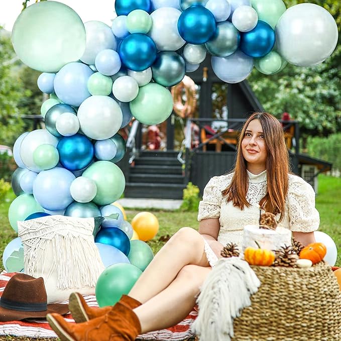 125pcs Blue Green Macaron Balloon and Metallic Blue Silver Balloon Garland Kit for Birthday Retirement Bridal Baby Shower Graduation Wedding Anniversary Party Decoration