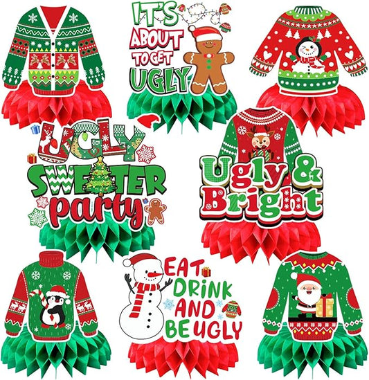 JULMELON 8PCS Ugly Sweater Party Decorations Honeycomb Centerpieces, Ugly Sweater Christmas Party Centerpieces for Tables Ugly Sweater Table Decor 3D Table Toppers for Christmas Winter Party Supplies