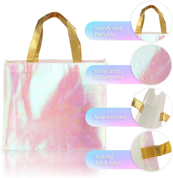 GouZaak 20 Pack Iridescent Gift Bags, Holographic Reusable Party Favor Gift Bags With Handles, 13 x 5 x 11 Inch Large Size Pink Bridesmaid Tote Bags, For Wedding Birthday Holiday