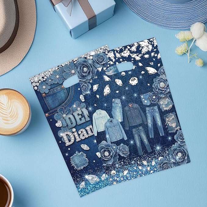 MOIZYNG 50Pcs Denim and Diamonds Gift Bags with Handles, Blue Jacket Jeans Plastic Candy Treat Goodie Bags for Bridal Shower Bachelorette Wedding Birthday Party Favors Supplies