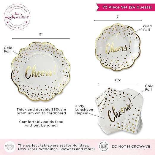 Kate Aspen 72pc Gold Foil Cheers & Dots Tableware Set Party Kit - 24pcs 7 inch & 9 inch Heavy Duty Disposable Party Plates, 24pcs 6.5 inch Durable Paper Napkins