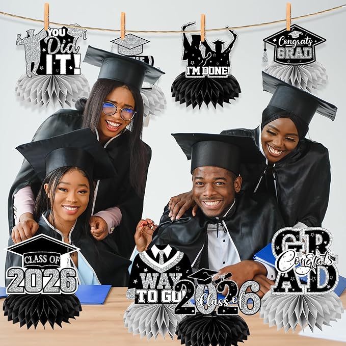 12pcs Graduation Table Decorations,Black Silver Graduation Decorations 2026 Graduation Centerpieces for Tables,Class of 2026 Centerpieces Honeycomb for Congrats Grad Table Decor(Black)