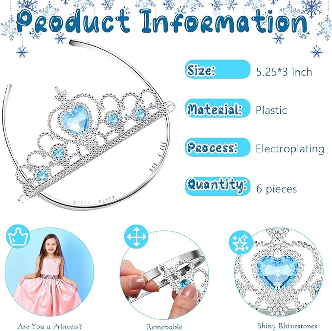 Chalyna 12 Pcs Princess Crowns Tiara Wand for Little Girl Silver Heart Jewel Plastic Tiara Winter Gift for Birthday(Blue,Heart Style)