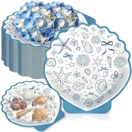 40pcs 9inch Seashell Paper Plate Ocean Seashell Beach Coastal Party Supplies Disposable Blue Bow Hydrangea Starfish Plate Seaside Favor for Summer Beach Wedding Bridal Shower Birthday Party