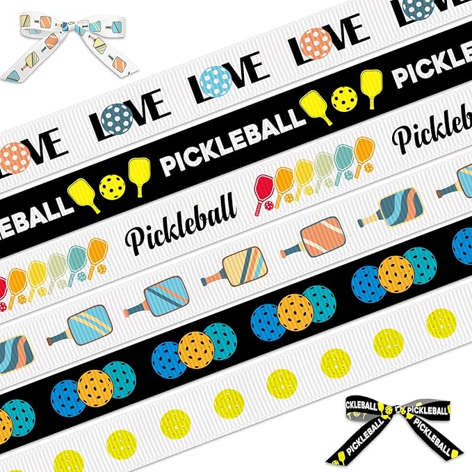6 Rolls 18 Yards Pickleball Ribbon Sports Ball Ribbons for Wrapping Crafts Wreath Bows White Green Grosgrain Ribbon 3/8 Inch for Home Pickleball Trophy Award Party Decoration Supplies