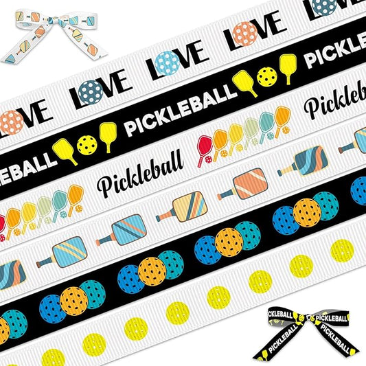 6 Rolls 18 Yards Pickleball Ribbon Sports Ball Ribbons for Wrapping Crafts Wreath Bows White Green Grosgrain Ribbon 3/8 Inch for Home Pickleball Trophy Award Party Decoration Supplies