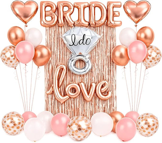 Rose Gold Bridal Shower Decorations Kit (32 PCS) for Bride to Be – BRIDE and Love Balloons, I Do Ring, Heart Balloons, Confetti & Latex Balloons, Backdrop Curtain for Bridal & Bachelorette Party