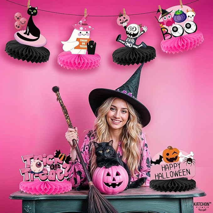 KatchOn, Pink and Black Halloween Centerpieces for Tables - Pack of 12 | Spooky Boo Halloween Table Centerpieces, Pink Halloween Decorations | Halloween Party Centerpieces, Halloween Table Decorations