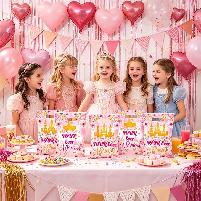 MOIZYNG 50Pcs Four Ever A Princess Gift Bags with Handles, Pink Gold Floral Castle Princess 4th Birthday Plastic Snack Treat Goodie Bags for 4 Year Old Girl Birthday Decorations