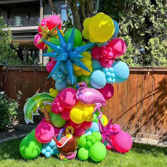 Tropical Balloons, Hawaiian Party Balloons, Hot Pink Orange Teal Green and Yellow Latex Balloon for Summer Birthday Baby Shower Tropical Party Decorations