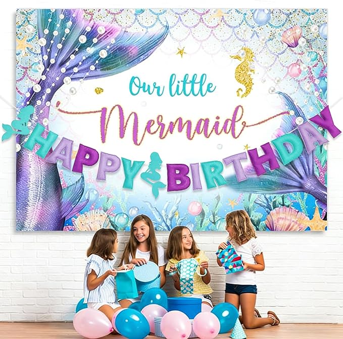 Pre-Strung Mermaid Happy Birthday Banner, Under The Sea Theme Party Decorations, HAPPY BIRTHDAY Garland with Exquisite Mermaid Design, Personalized Festival Sign for Baby Girls Party Decor, Photo Prop