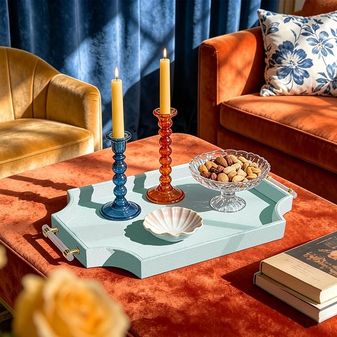 22.6'' × 13'' Coffee Table Tray Shagreen Decorative Tray for Ottoman Home Decor Serving Tray with Acrylic Gold Handles Modern Elegant Scalloped Large Ottoman Tray
