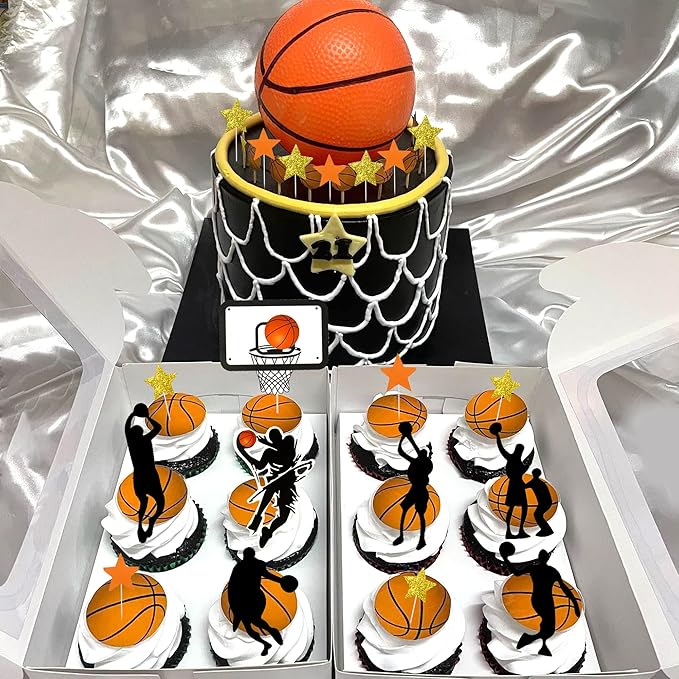 29 PCS Basketball Cake Toppers Basketball Cake Decorations with Star Golden Balls for Men Birthday