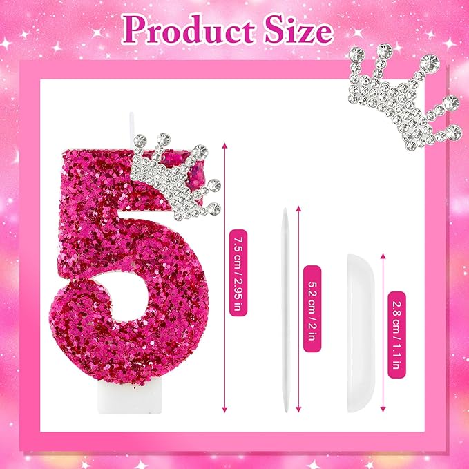 AKURIEEY Hot Pink Birthday Candles Crown Number 5 Candle Birthday Party Decorations Cake Topper Cupcake Decor for Anniversary Celebrations Supplies